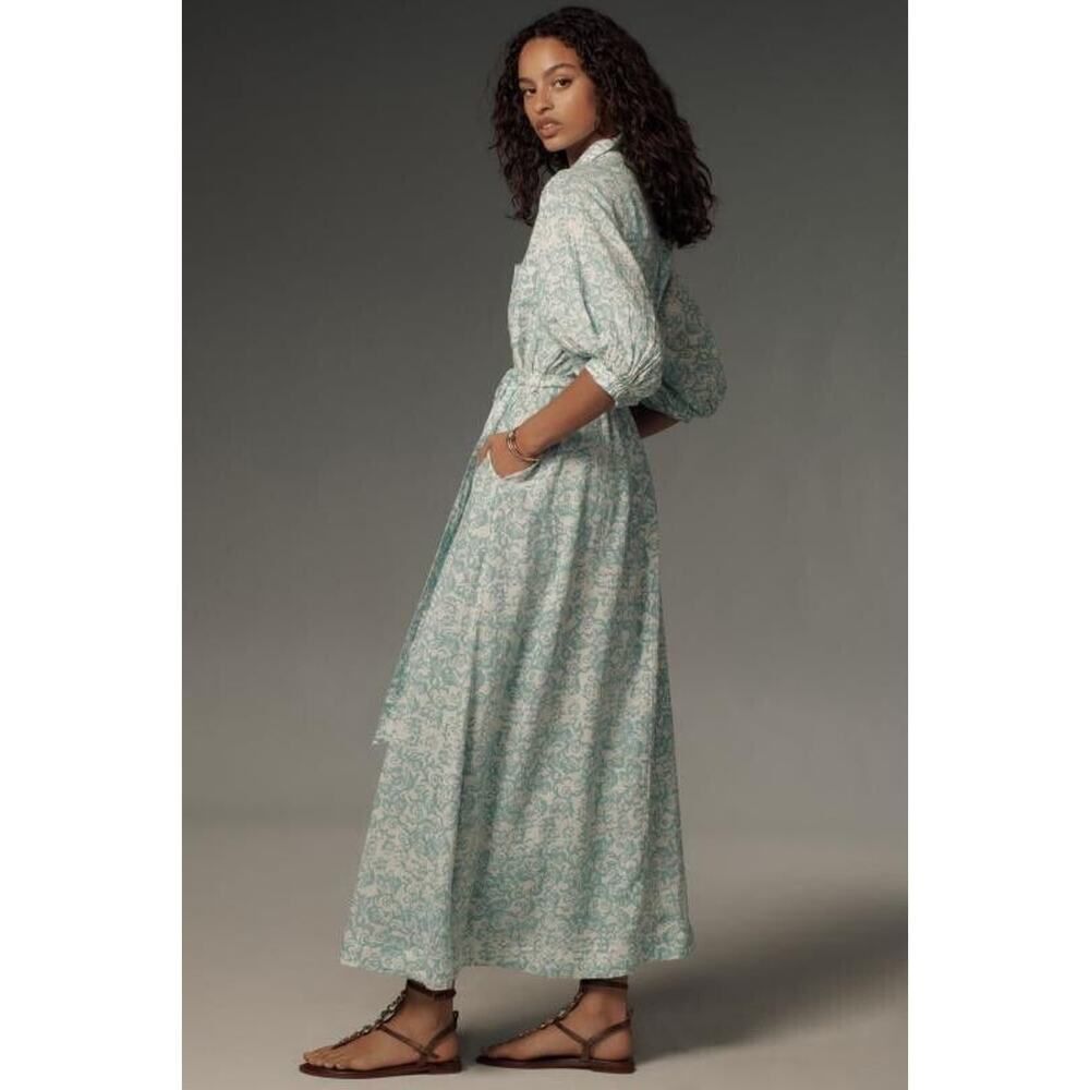 Anthropologie The Irene Linen Shirt Dress XXS XXSmall Green Ivory Maxi Dress